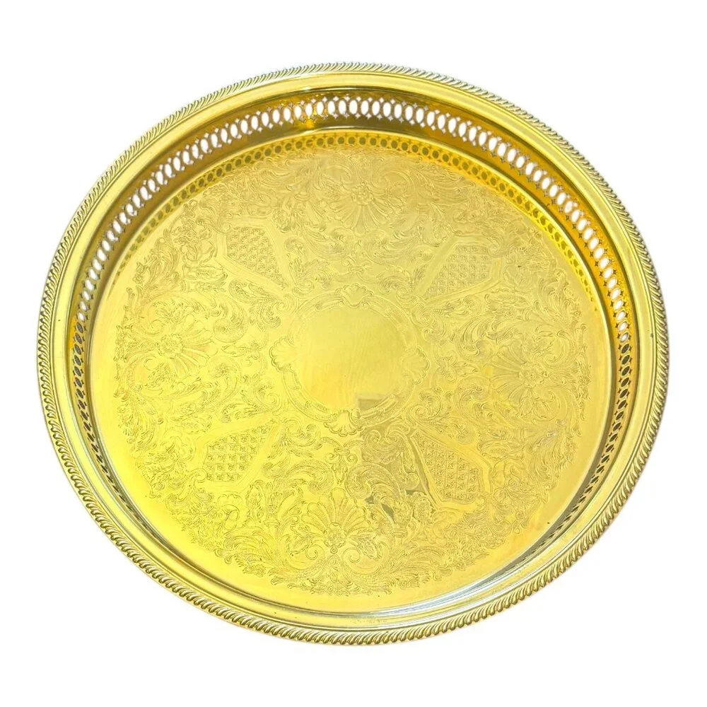 Vintage Ornate Gold-Plated Brass Round Tray 13" Serving Platter W Filigree Sides - Picture 1 of 8